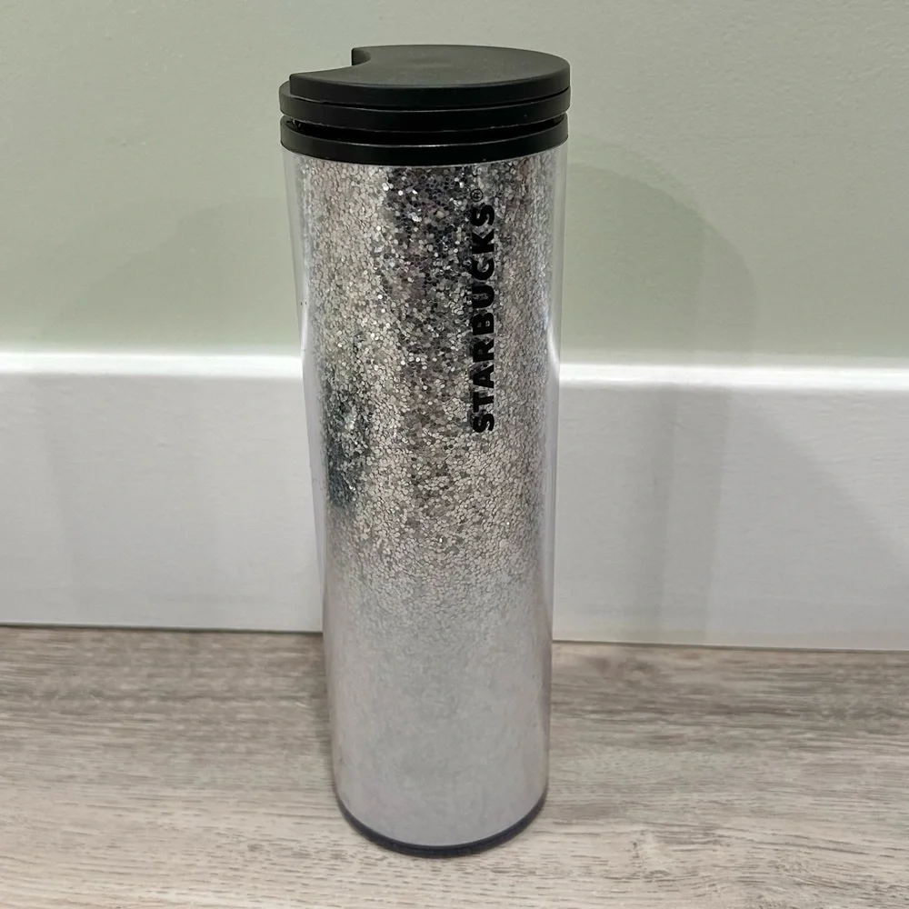 NWT Starbucks Silver White Gradient Glitter Travel Tumbler No Spill Lid 16oz
